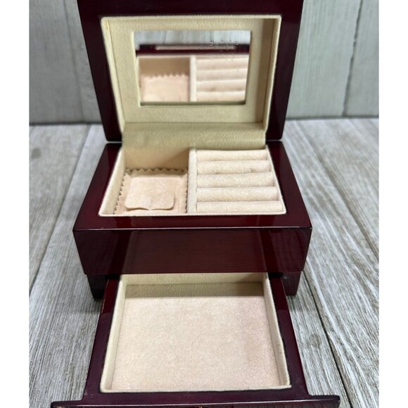 Vtg Burgandy Solid Wood Single Drawer Hinge Jewelry Box With Mirror 4" x 3.5" - Picture 1 of 10